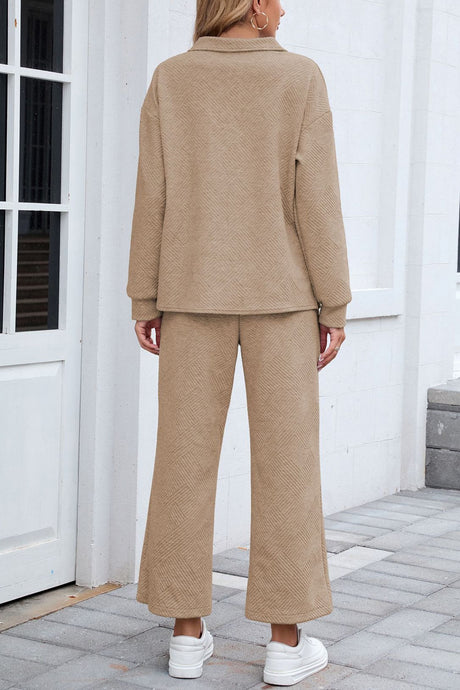 Lapel Long Sleeve Textured Sweashirt Set