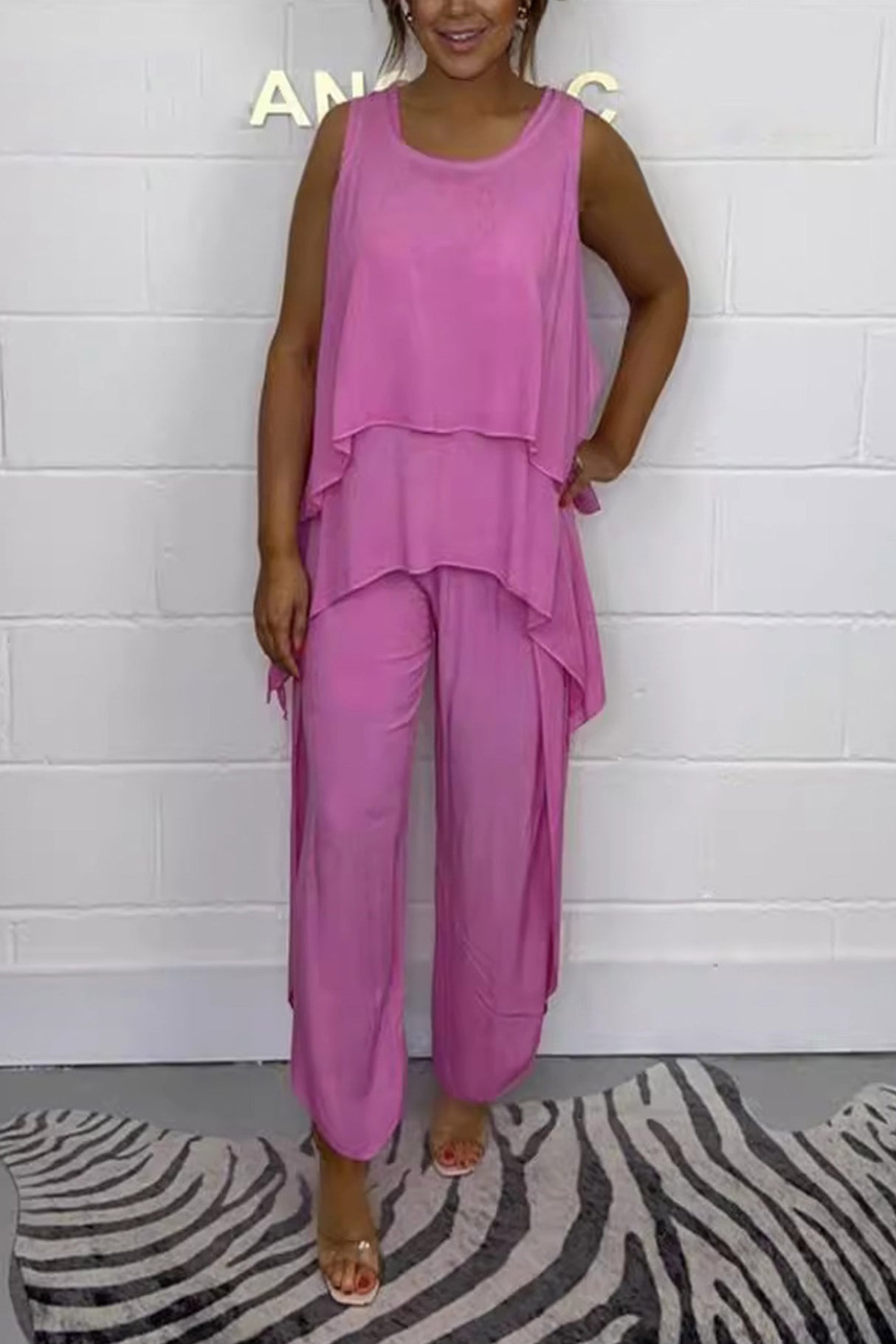 Arolora Solid Color Irregular Three-piece Outfit