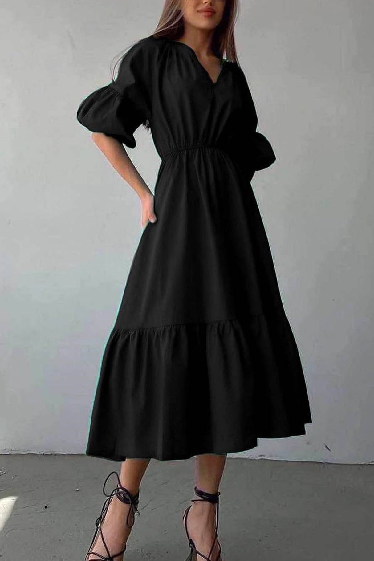 Arolora Half Sleeve V Neck High Waist Midi Dress