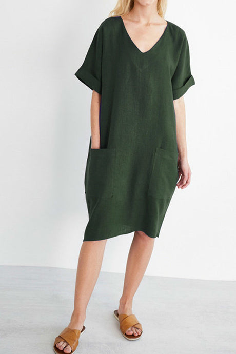Arolora V-Neck Short Sleeve Pocketed Cotton Dress