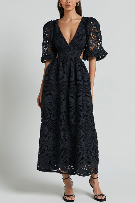 Arolora V-neck Lace Embroidery Hollow Waist Dress