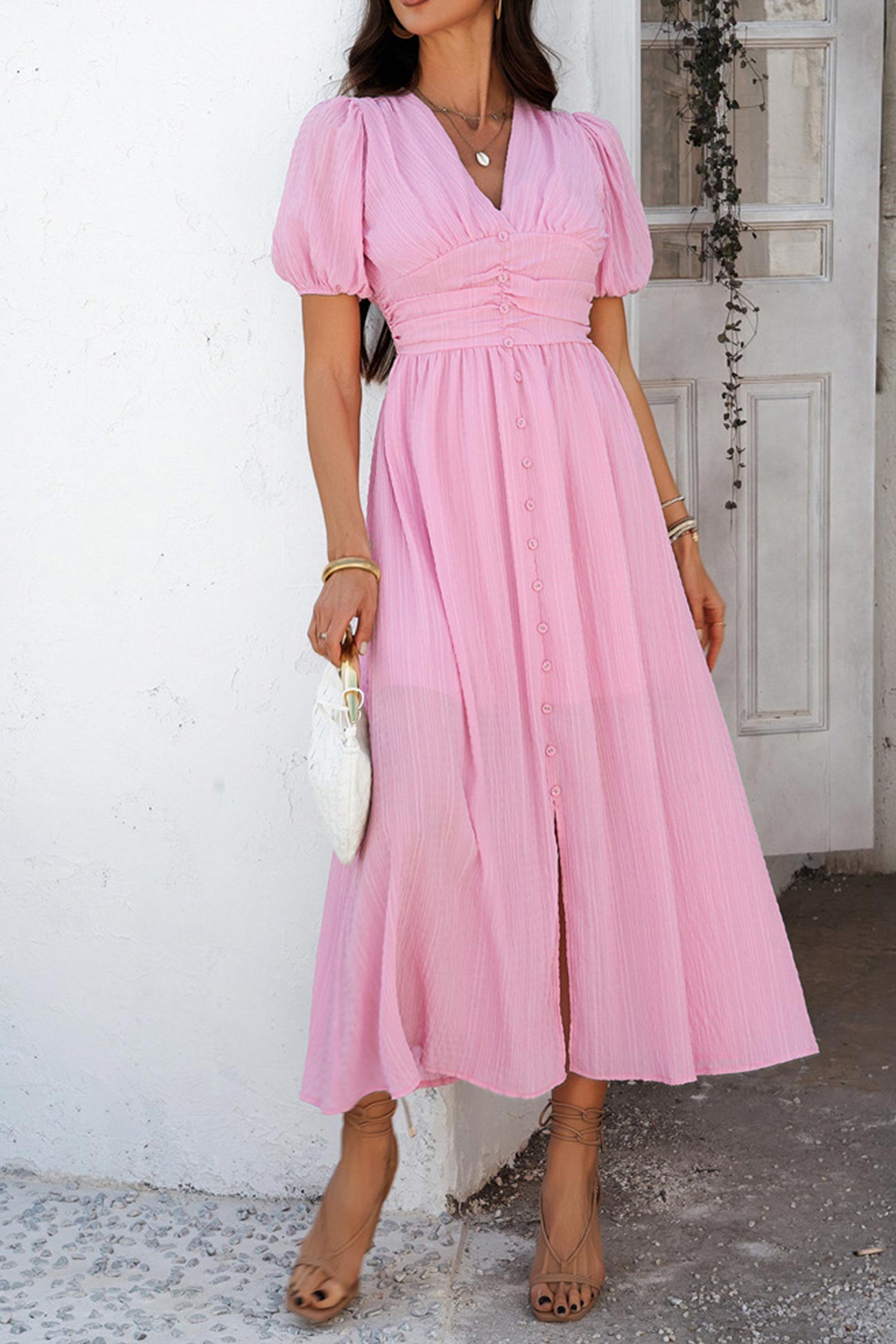 Arolora Puff Sleeve Single Breasted Slit Dress
