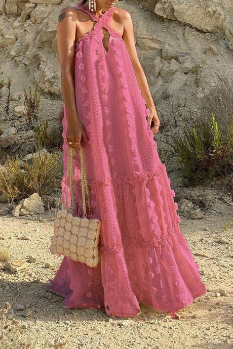 Arolora 3D Floral Criss-cross Halterneck Maxi Dress