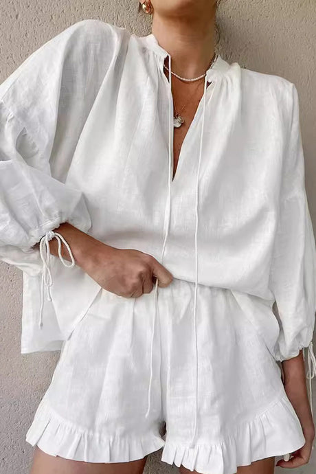 Arolora V-neck Lantern Sleeve Cotton Shirt Set