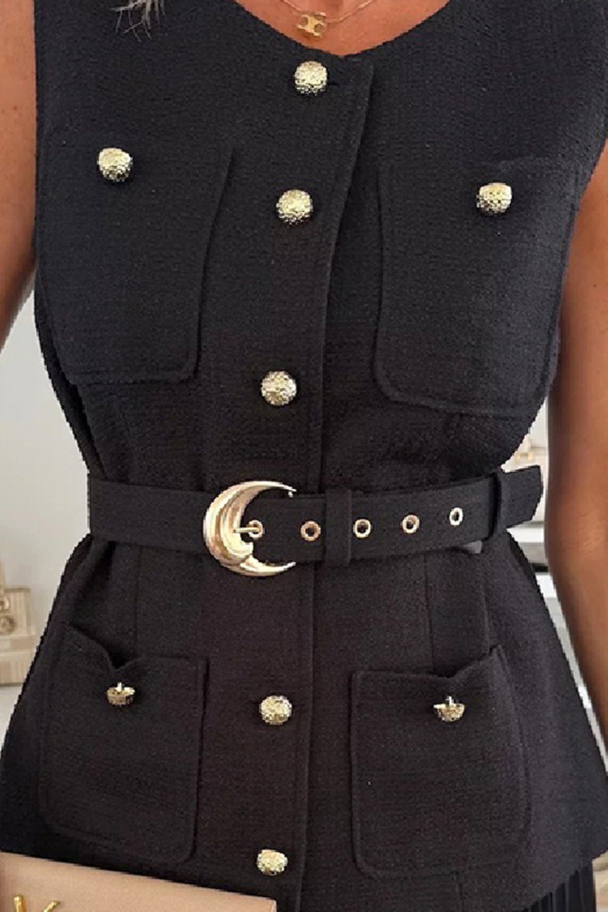 Arolora Button-down Tank Top Mesh Pleated Skirt Set