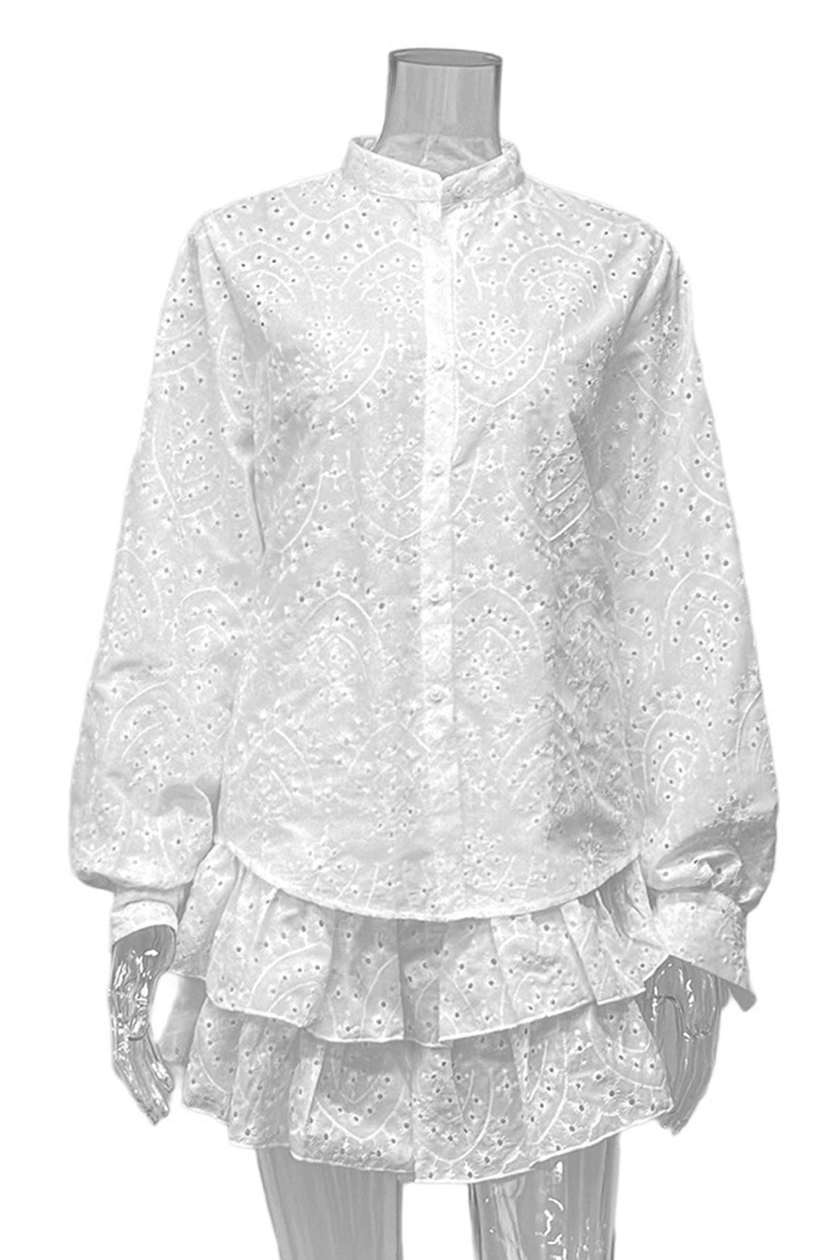 Arolora Hollow-out Jacquard Blouse Tiered Shorts Set