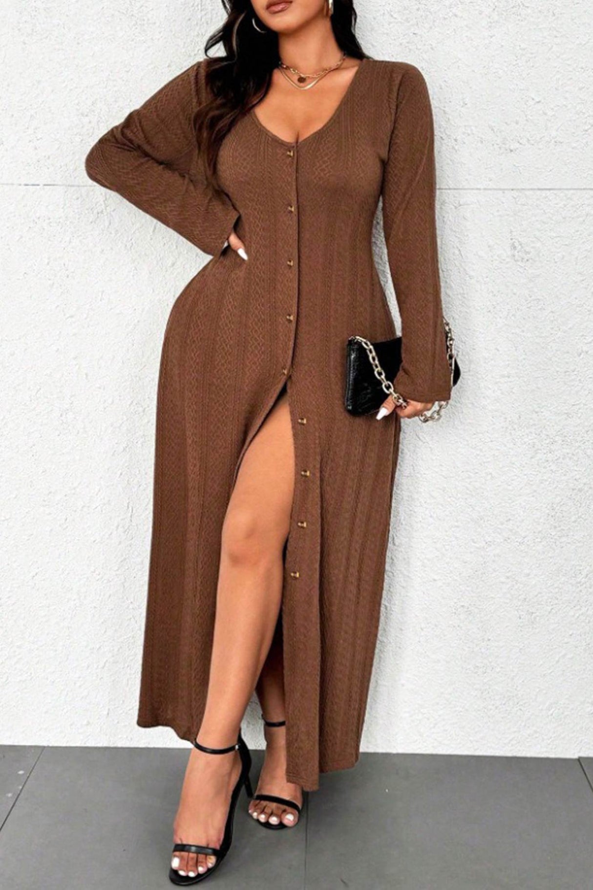 Flare Sleeve Single-breasted Knit Dress