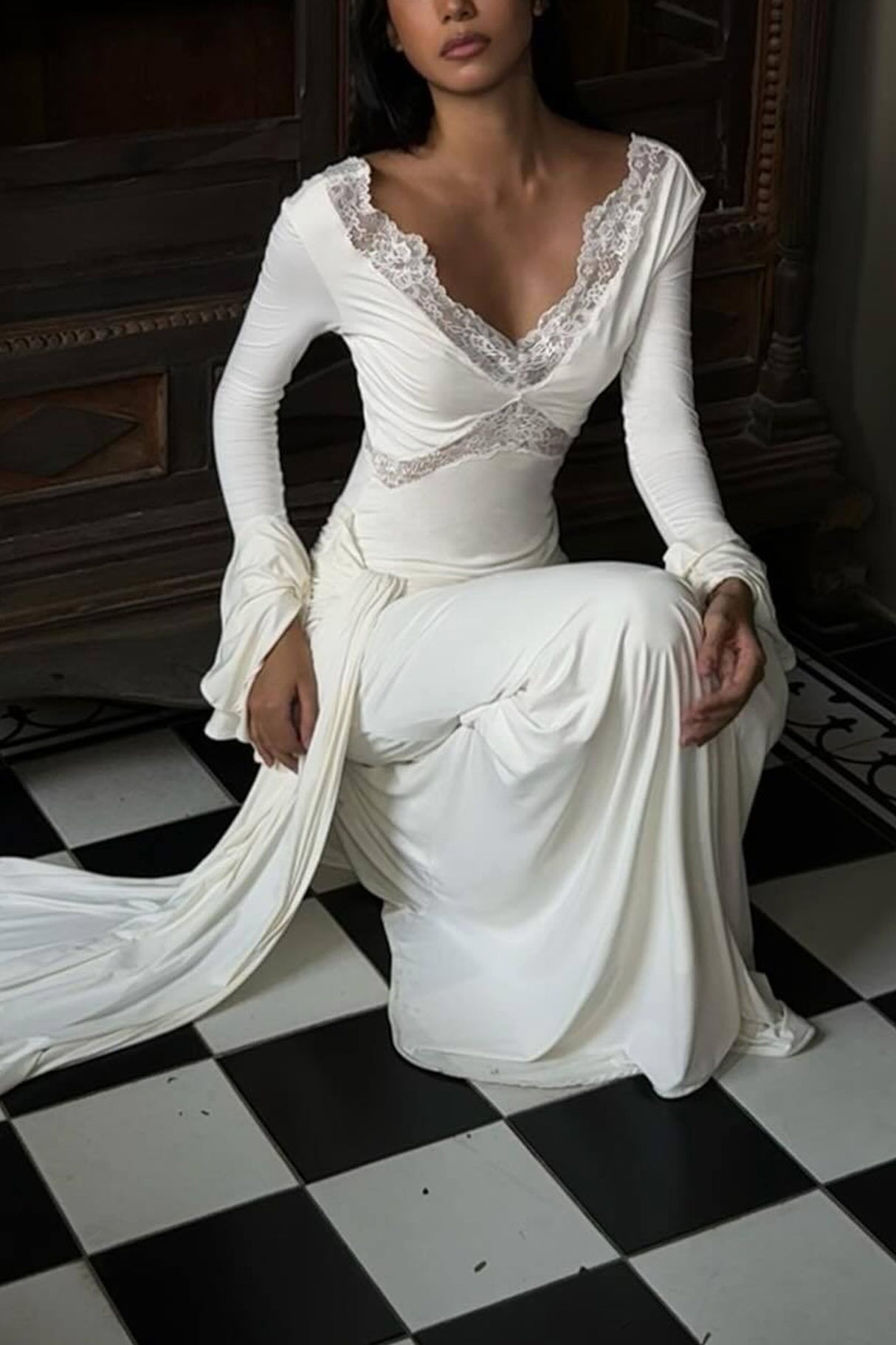 Lace Patchwork Flare Sleeve Tie-up Maxi Dress