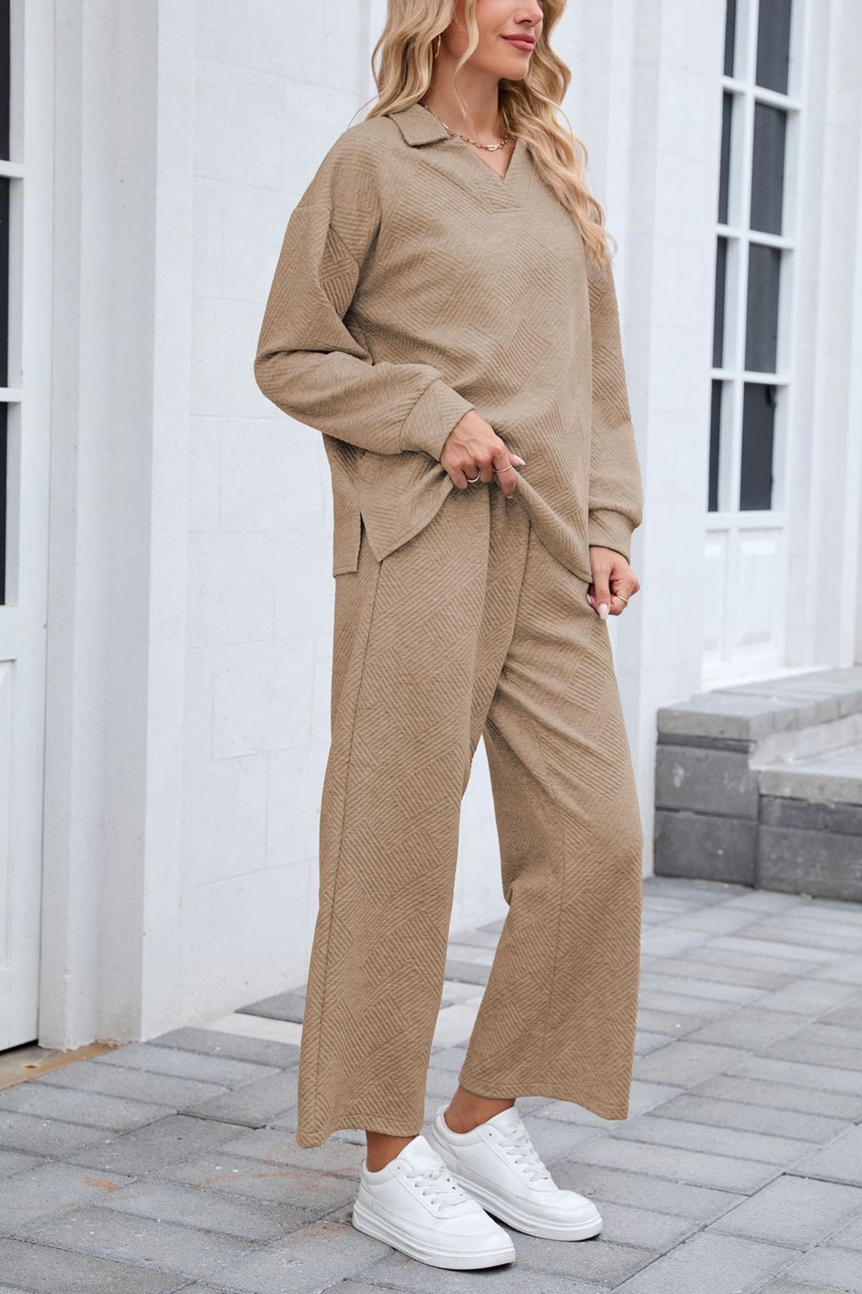 Lapel Long Sleeve Textured Sweashirt Set