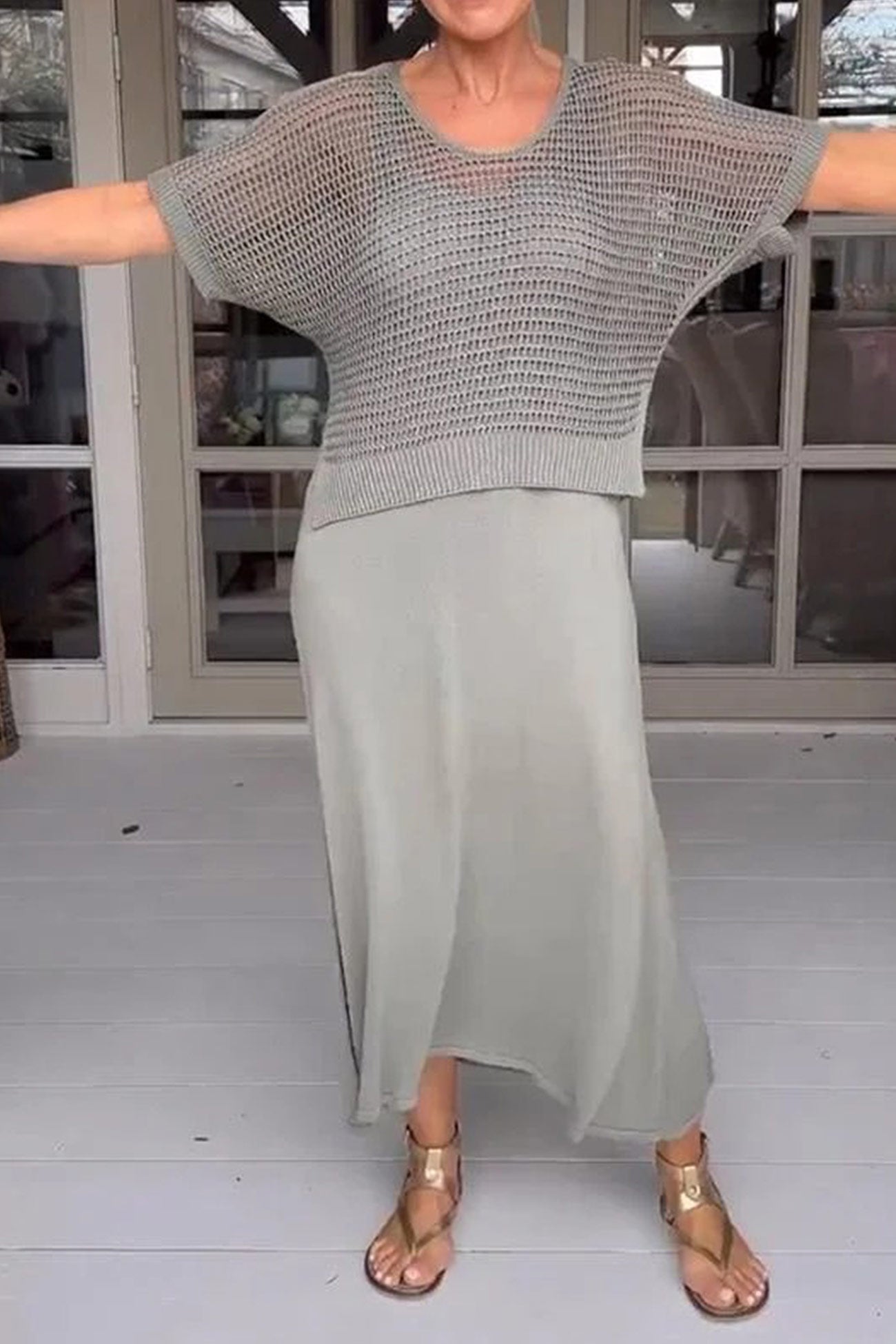 Hollow Out Knit Cover-up Tank Dress Two-piece Set