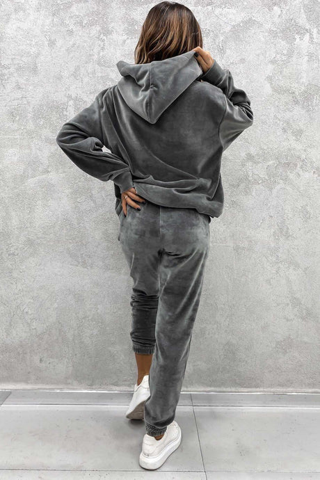Velour Solid Color Hoodie Long Pants Set