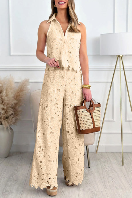 Lapel Hollow Out Lace Vest Pants Set