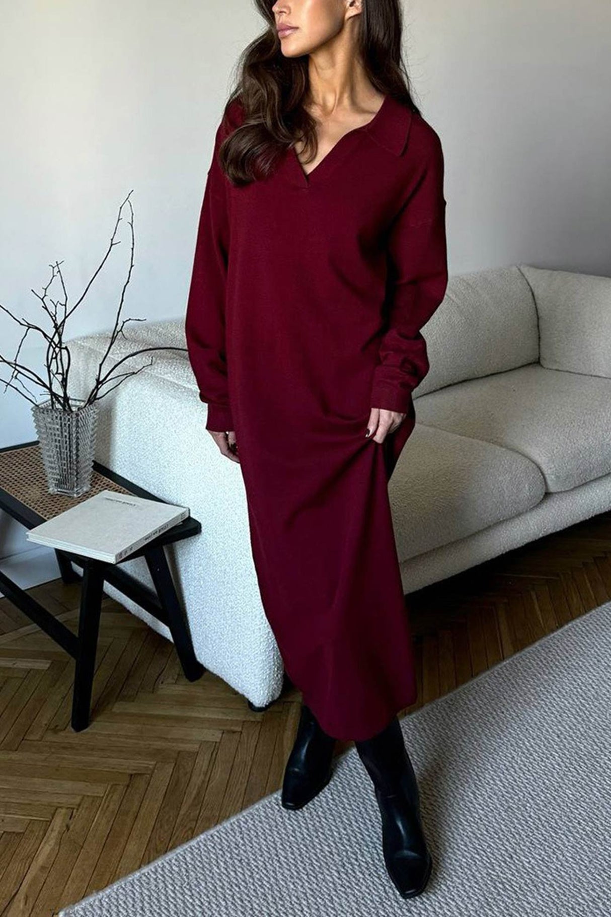 Lapel Long Sleeve Loose Knit Dress