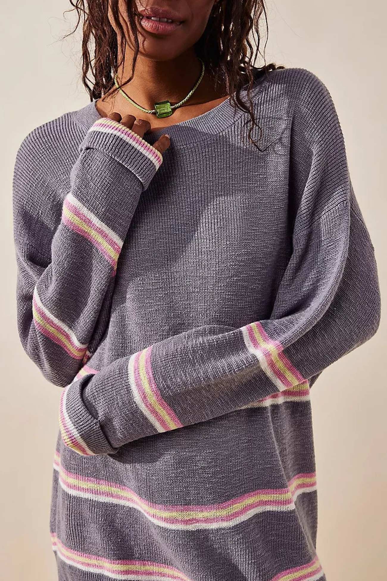 Contrast Striped Long Sleeve Sweater Two Piece Outfits