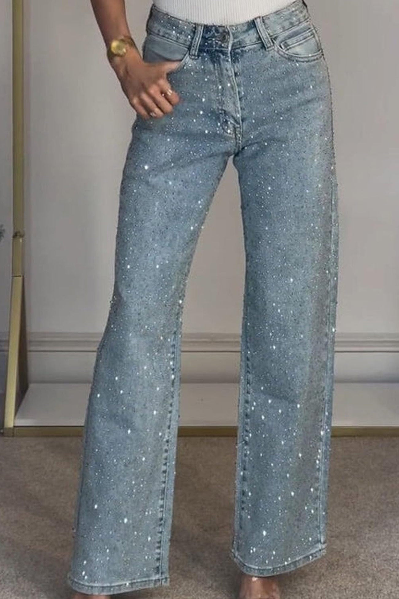 Rhinestone High Rise Straight Jeans