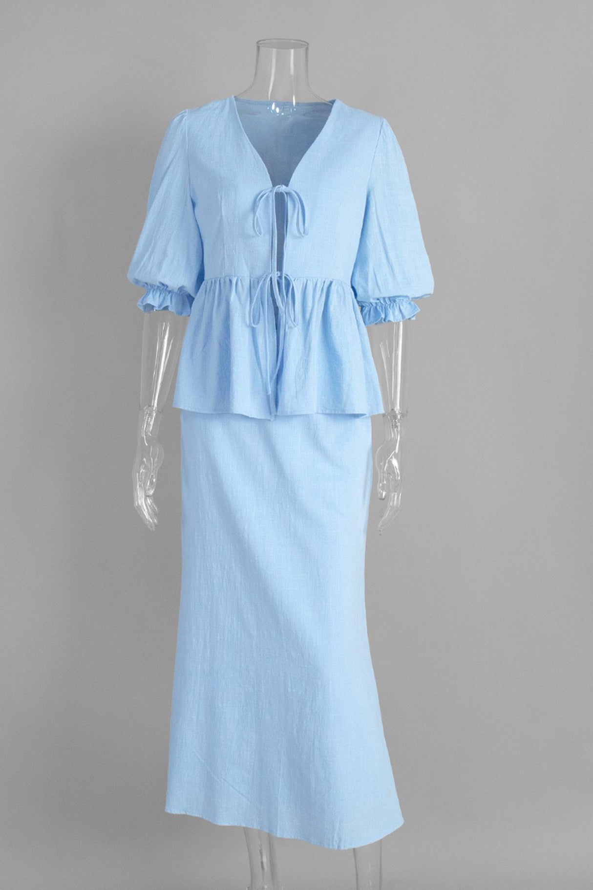 Puff Sleeve Tie-up Ruffle Cotton Shirt Skirt Set