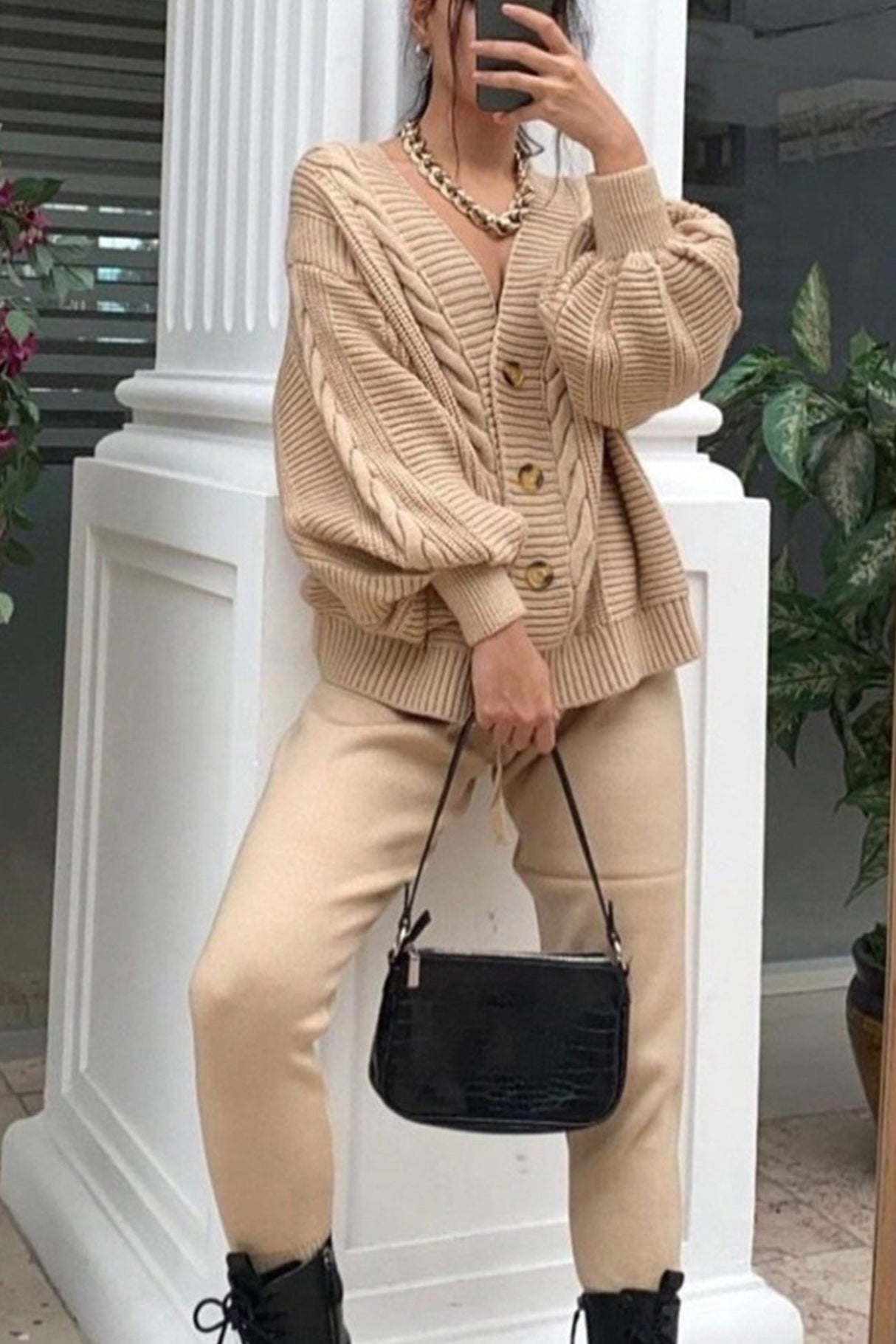 Cable Knit Cardigan Pencil Pants Set