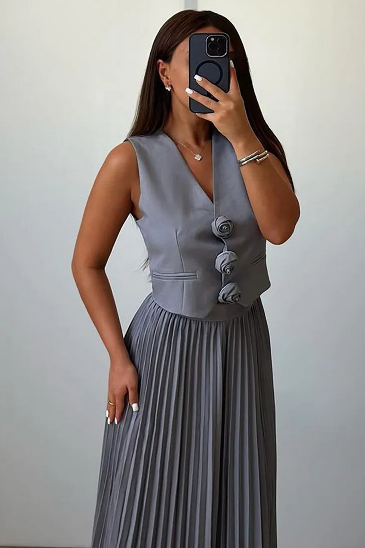 3D Floral Vest Pleated Maxi Skirt Set