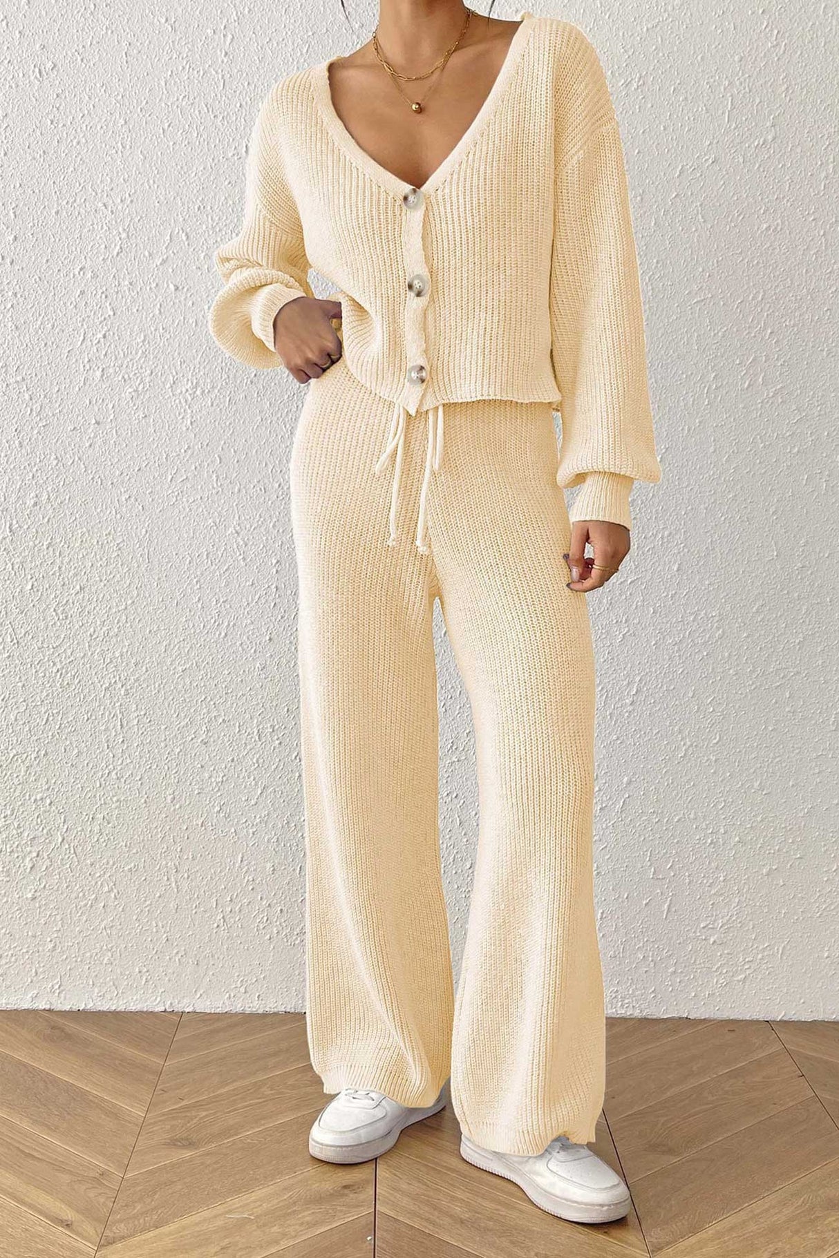 Button-down Crop Cardigan Pants Set