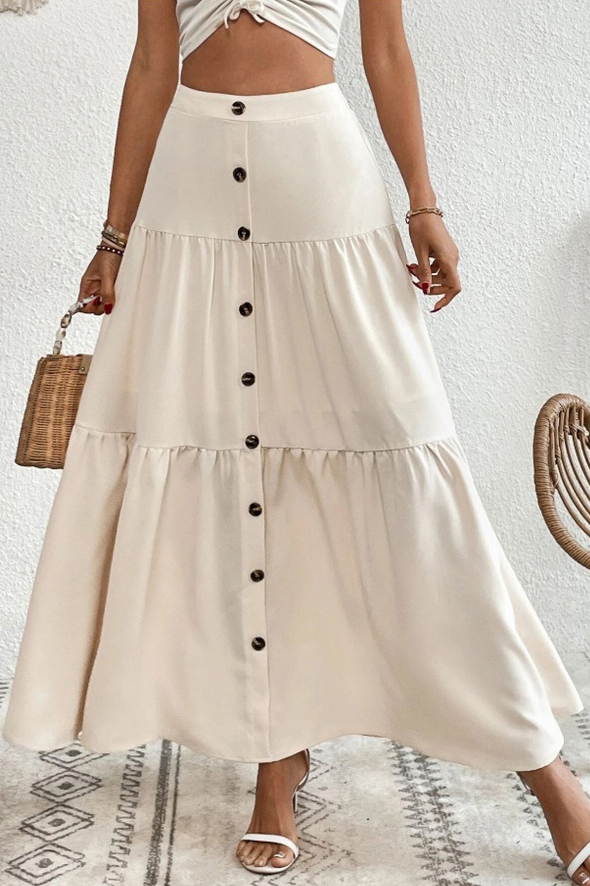 Single-breasted Solid Color Tiered Maxi Skirt