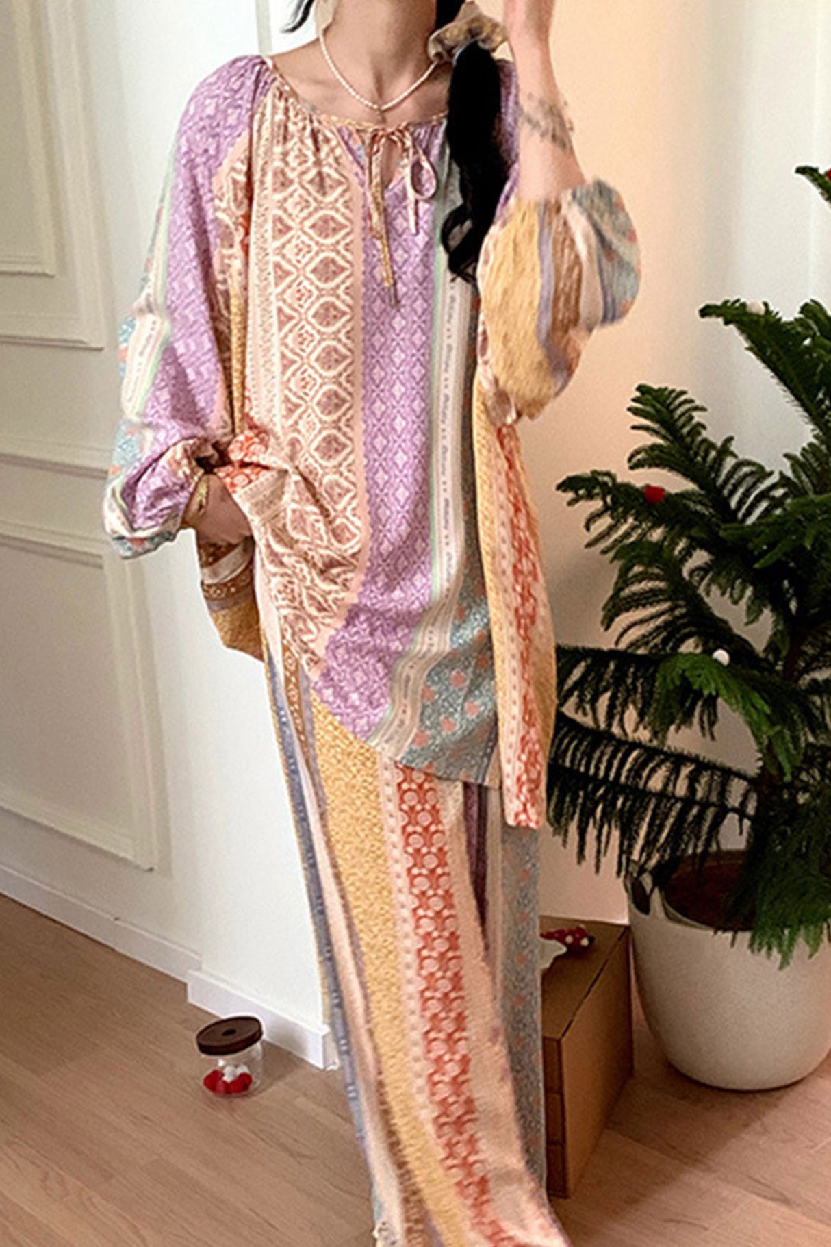 Arolora Printed Tie-up Oversize Loungewear