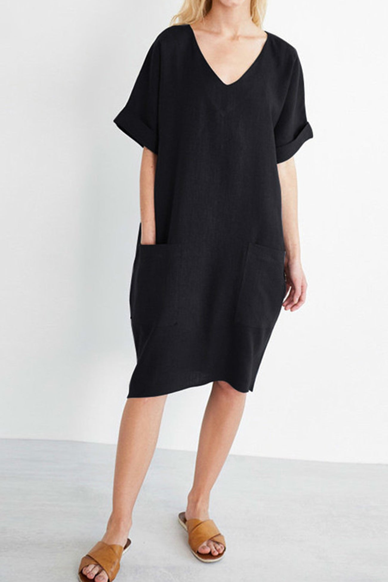 Arolora V-Neck Short Sleeve Pocketed Cotton Dress