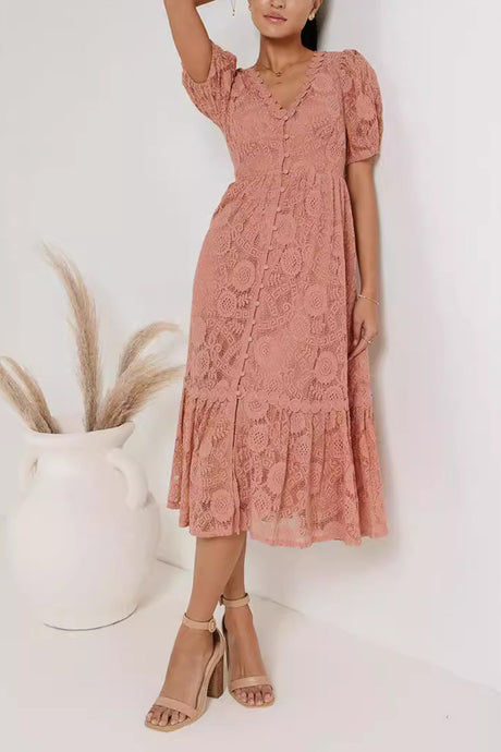 Arolora Lace Single-breasted Midi Dress