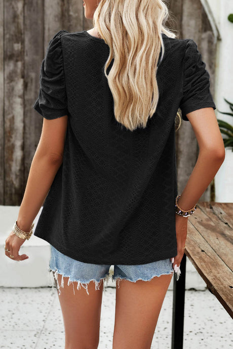 Arolora Square Neck Puff Sleeve Hollow Out Blouse