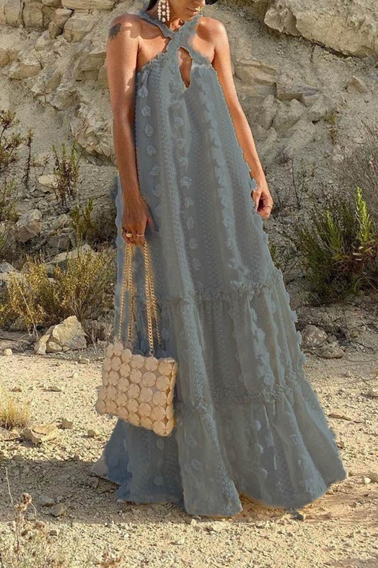 Arolora 3D Floral Criss-cross Halterneck Maxi Dress