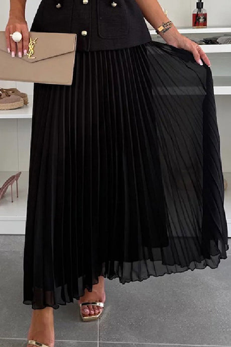 Arolora Button-down Tank Top Mesh Pleated Skirt Set