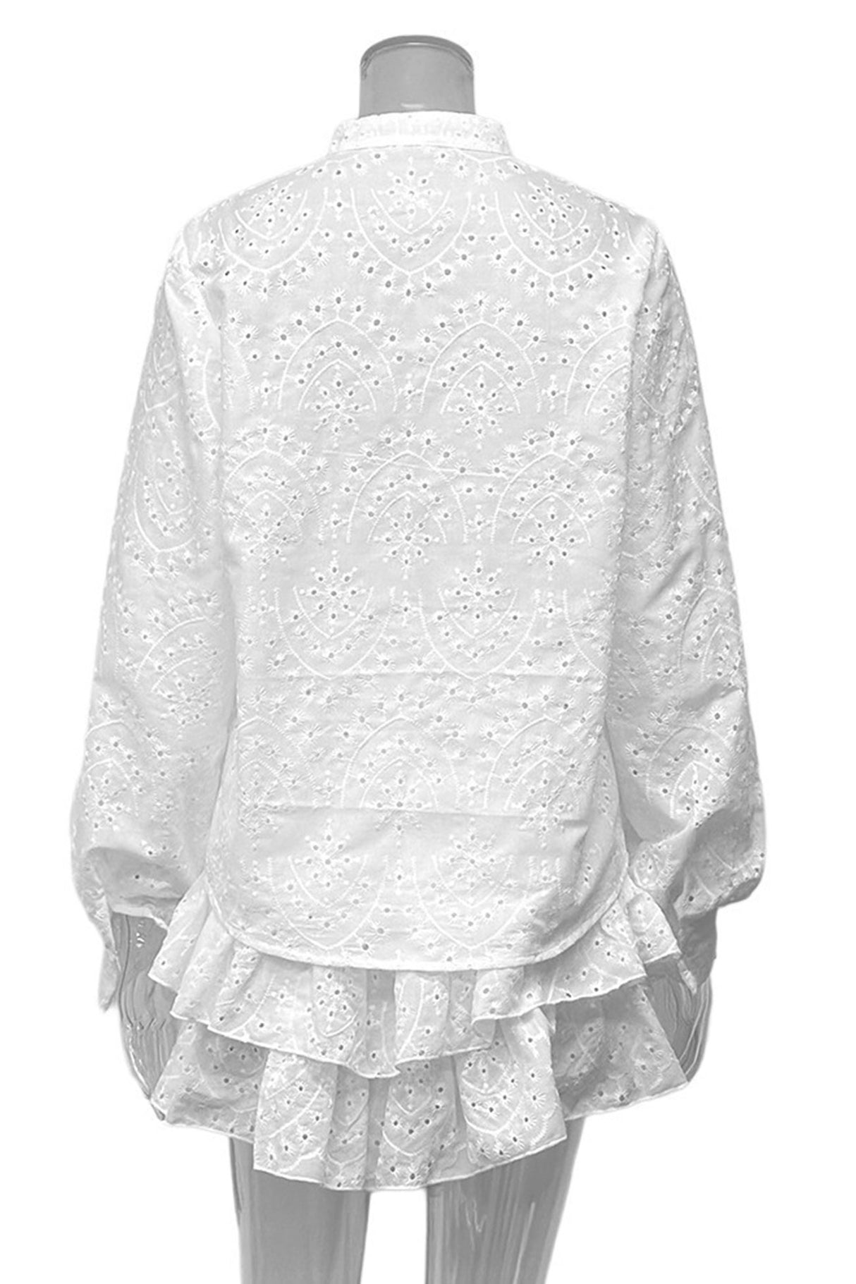 Arolora Hollow-out Jacquard Blouse Tiered Shorts Set