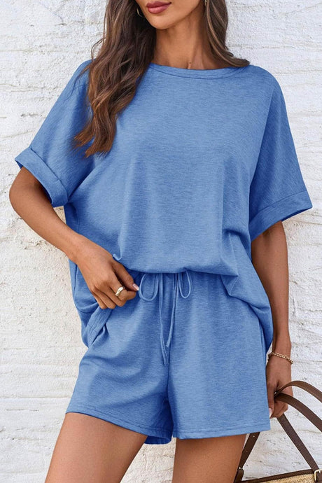 Arolora Solid Color Bat Sleeve T-shirt Shorts Set