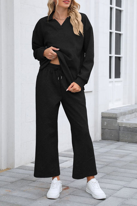 Lapel Long Sleeve Textured Sweashirt Set
