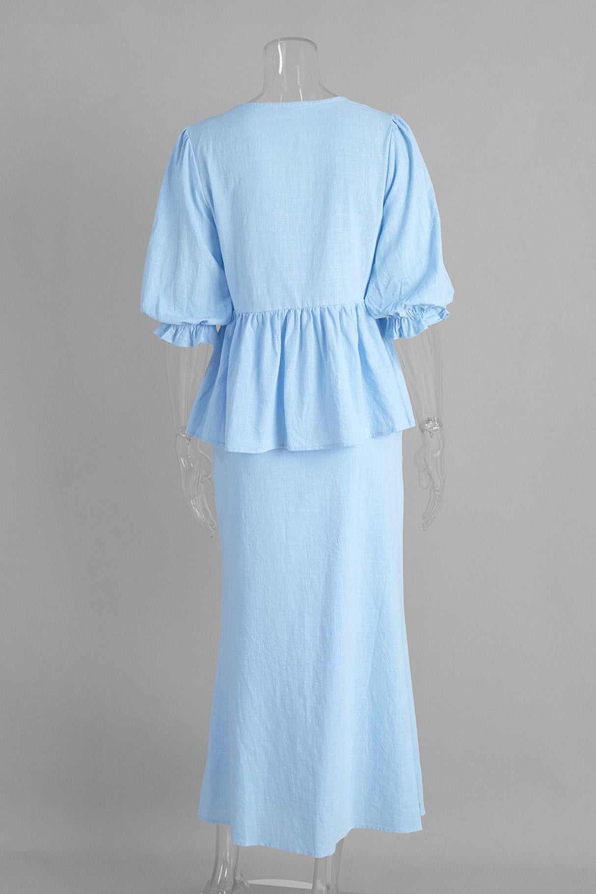 Puff Sleeve Tie-up Ruffle Cotton Shirt Skirt Set