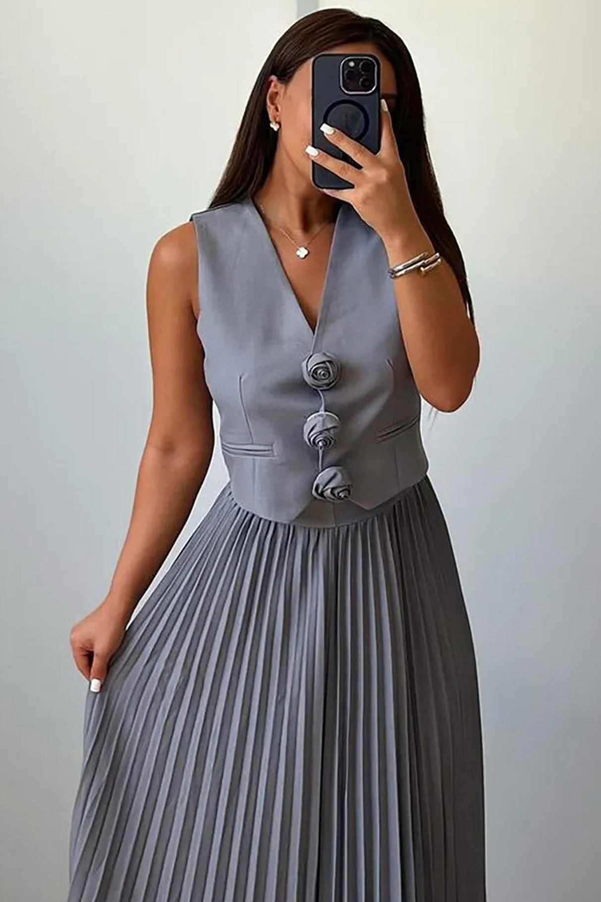 3D Floral Vest Pleated Maxi Skirt Set