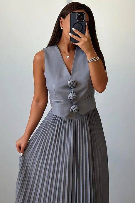 3D Floral Vest Pleated Maxi Skirt Set