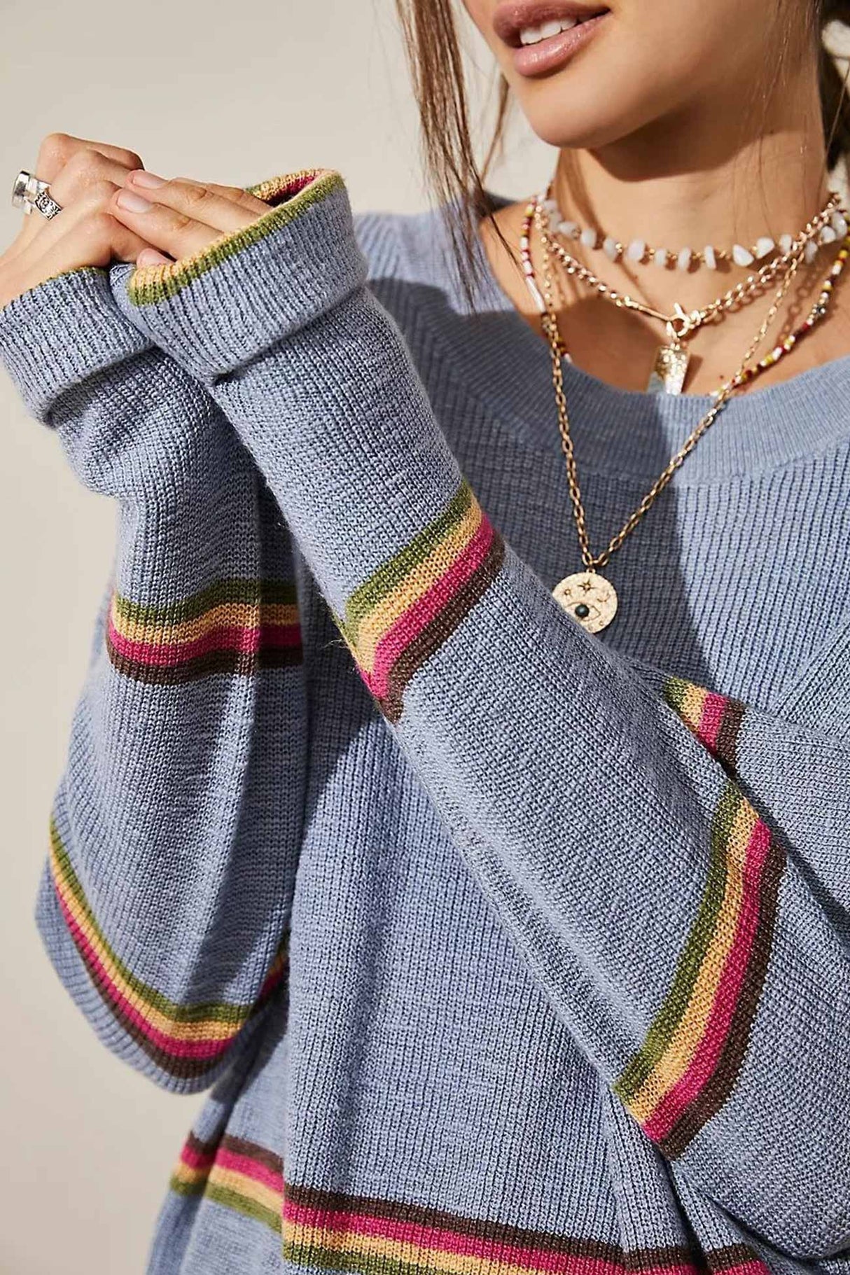 Contrast Striped Long Sleeve Sweater Two Piece Outfits