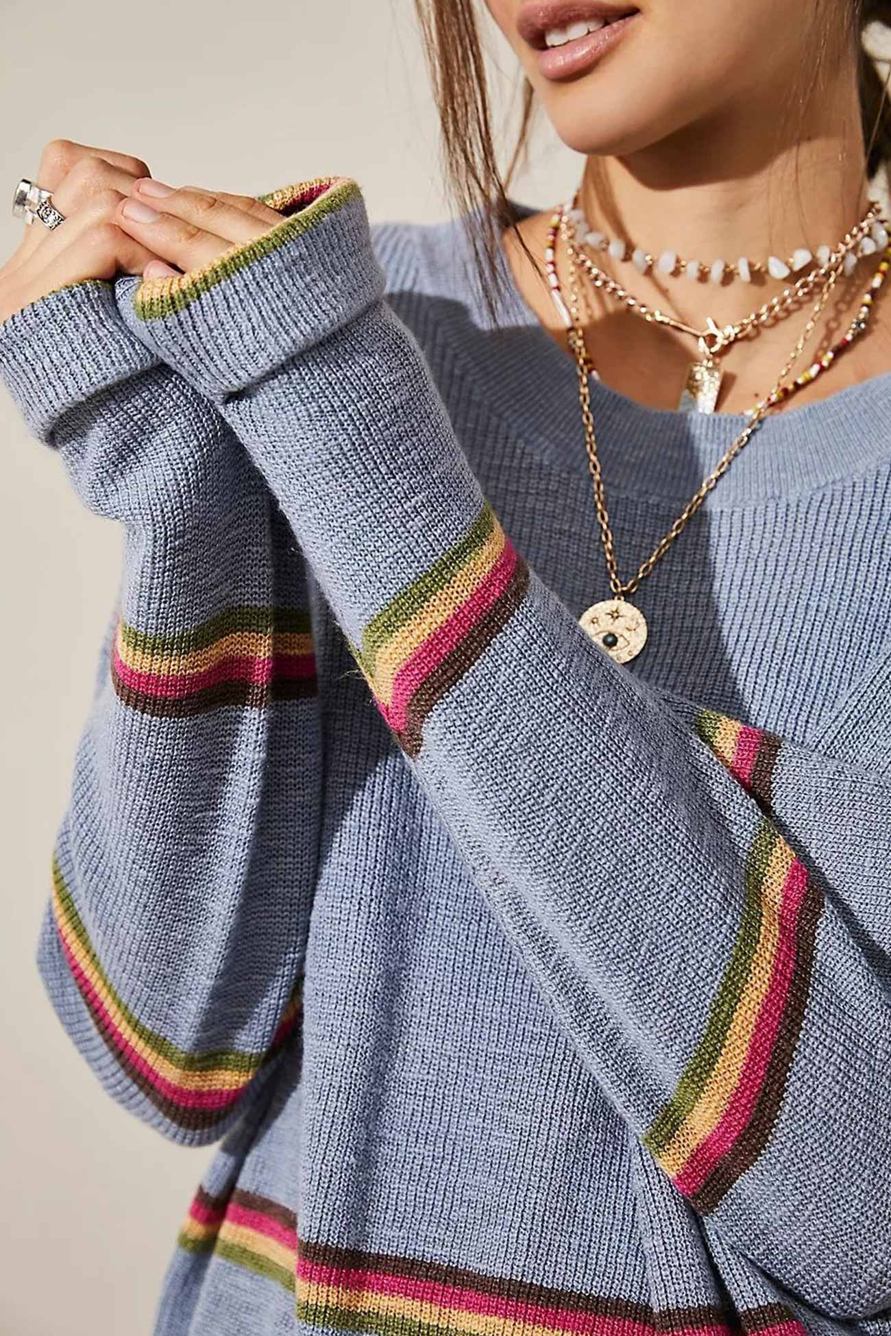 Contrast Striped Long Sleeve Sweater Two Piece Outfits