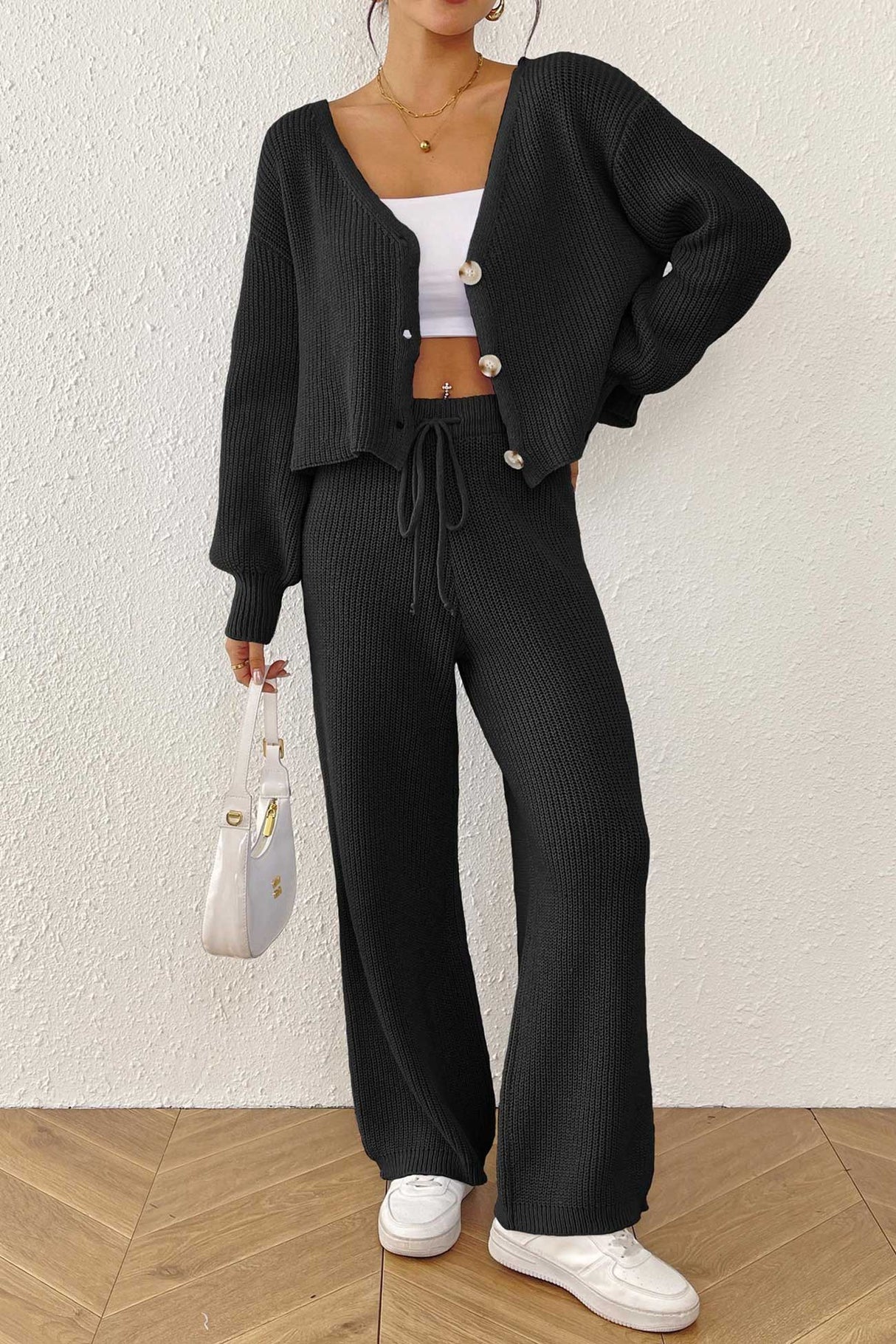 Button-down Crop Cardigan Pants Set