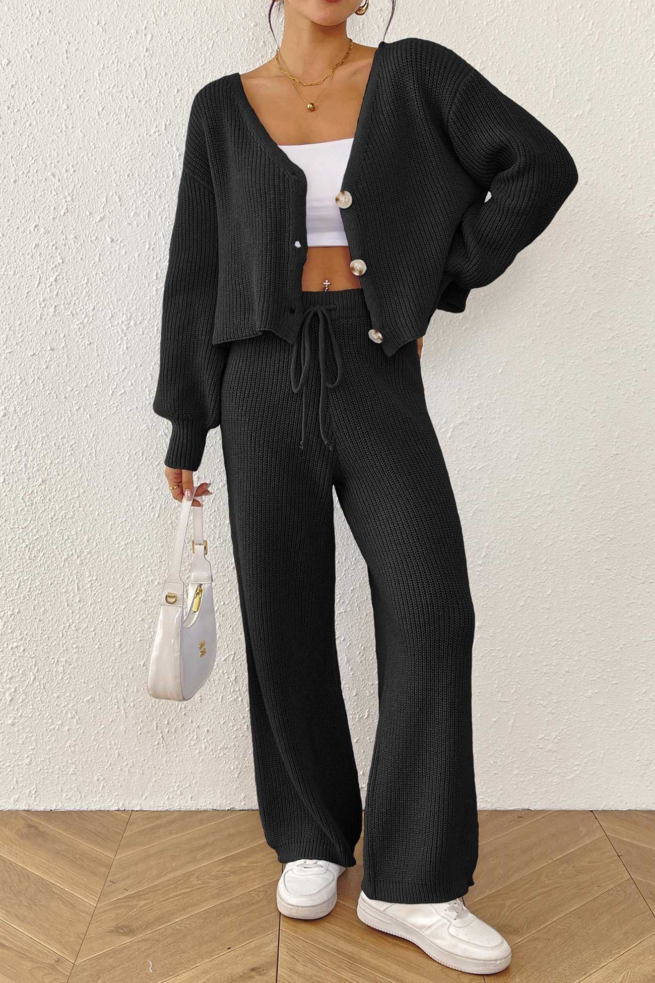 Button-down Crop Cardigan Pants Set