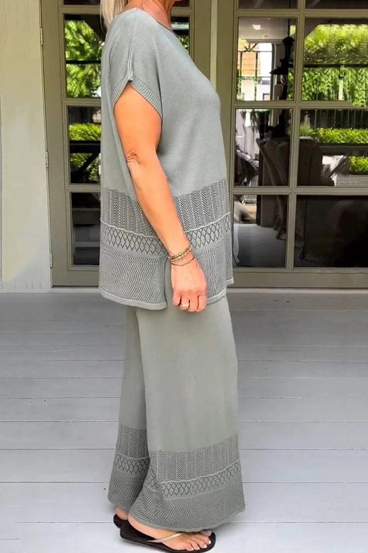 Solid Color Hollow Out Knit Two-piece Outfit