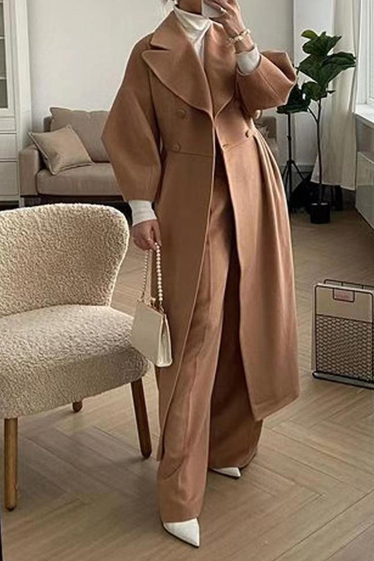 Lapel Lantern Sleeve Button-down Long Coat