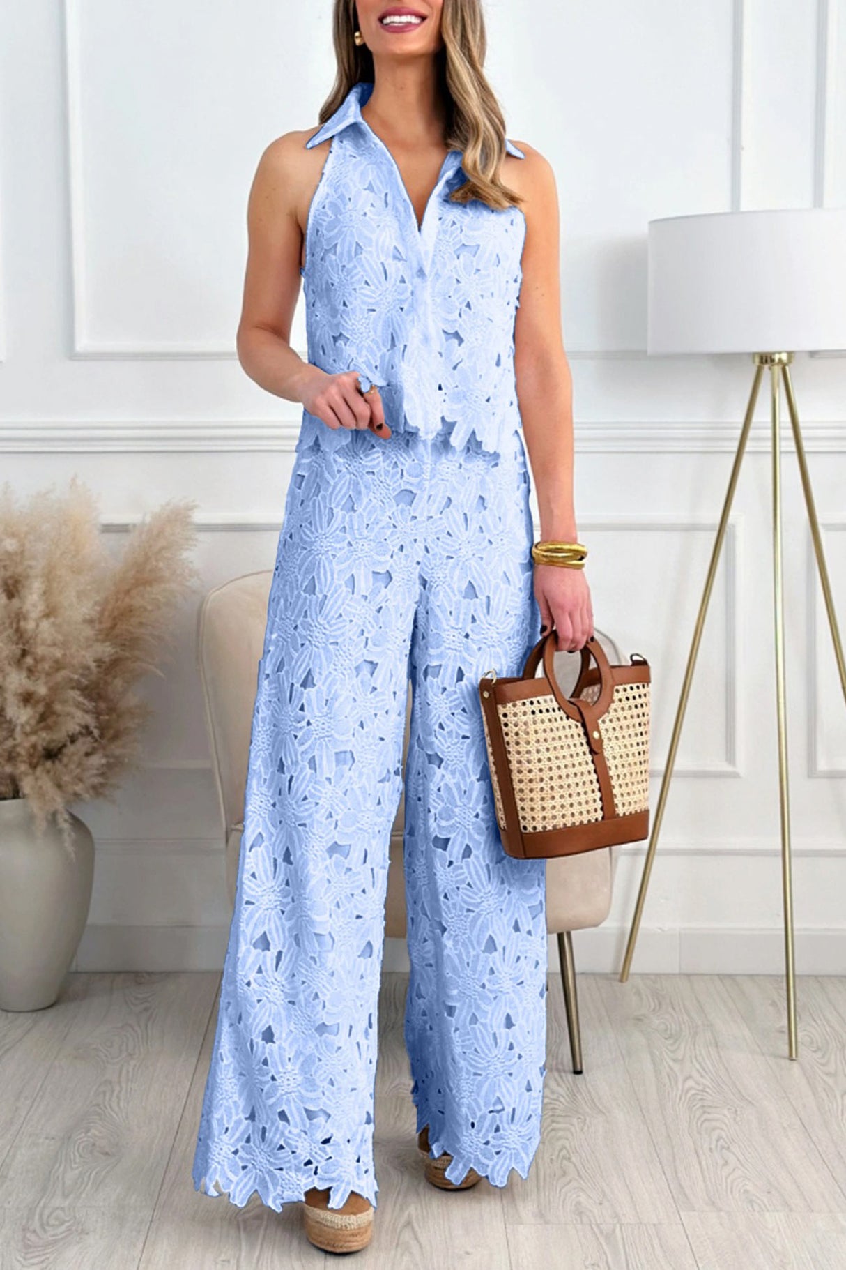 Lapel Hollow Out Lace Vest Pants Set