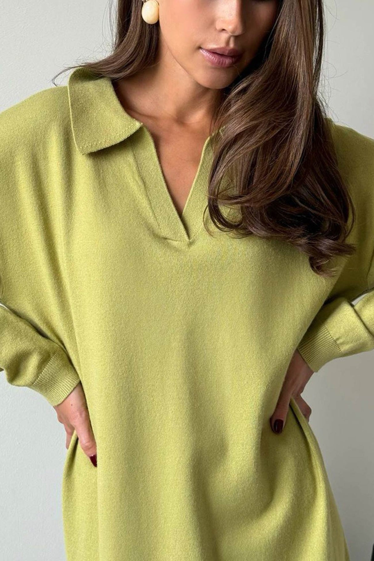 Lapel Long Sleeve Loose Knit Dress