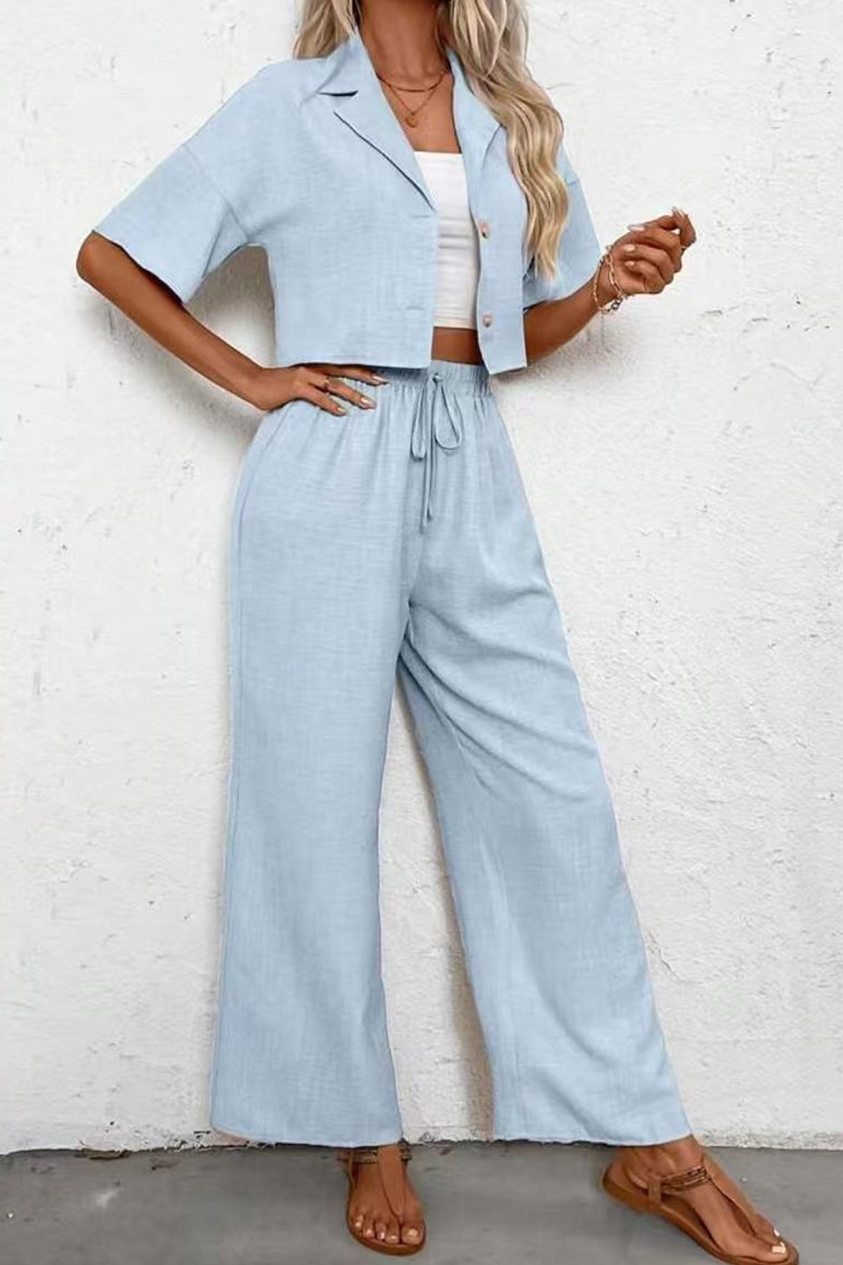 Button-down Crop Shirt Long Pants Set