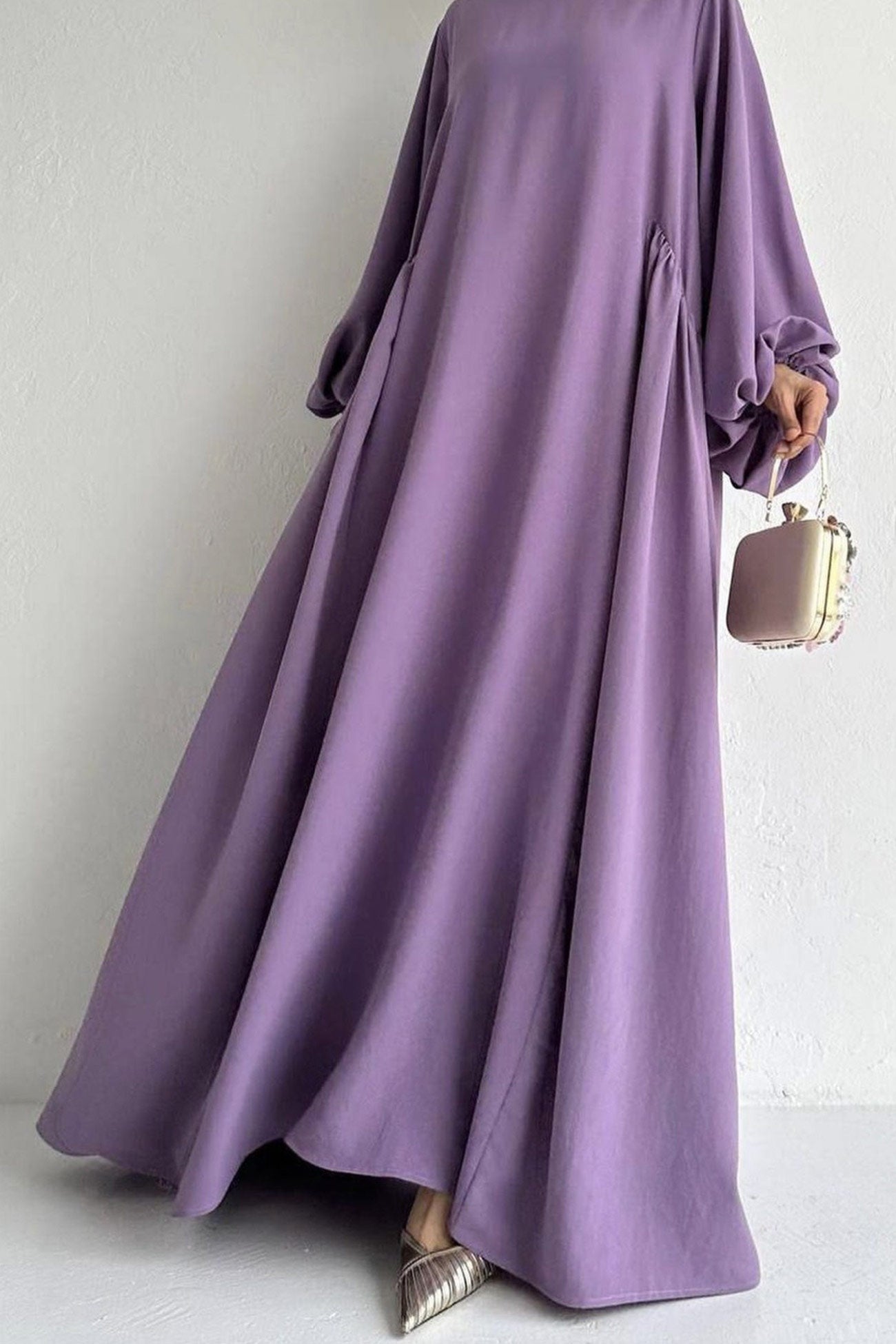 Puff Sleeve Solid Color Maxi Dress