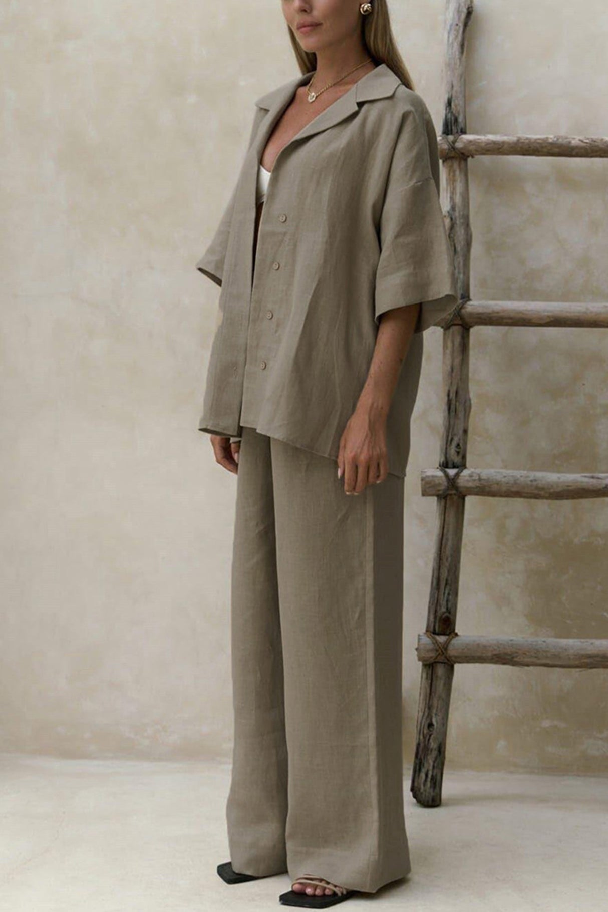 Arolora Solid Color Cotton Half Sleeve Blouse Pants Set