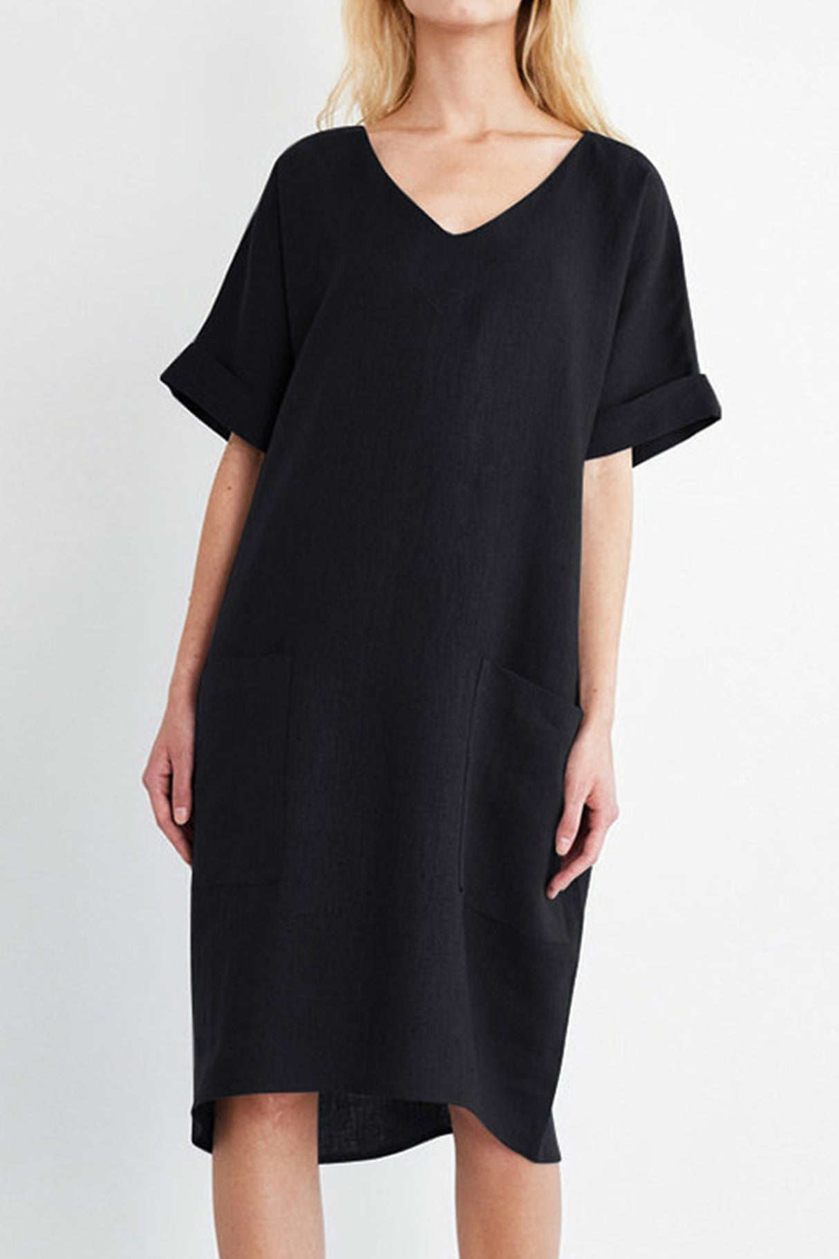 Arolora V-Neck Short Sleeve Pocketed Cotton Dress