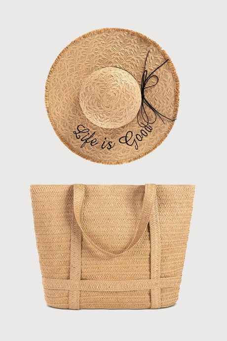 Arolora Handmade Solid Color Straw Bag With Hat