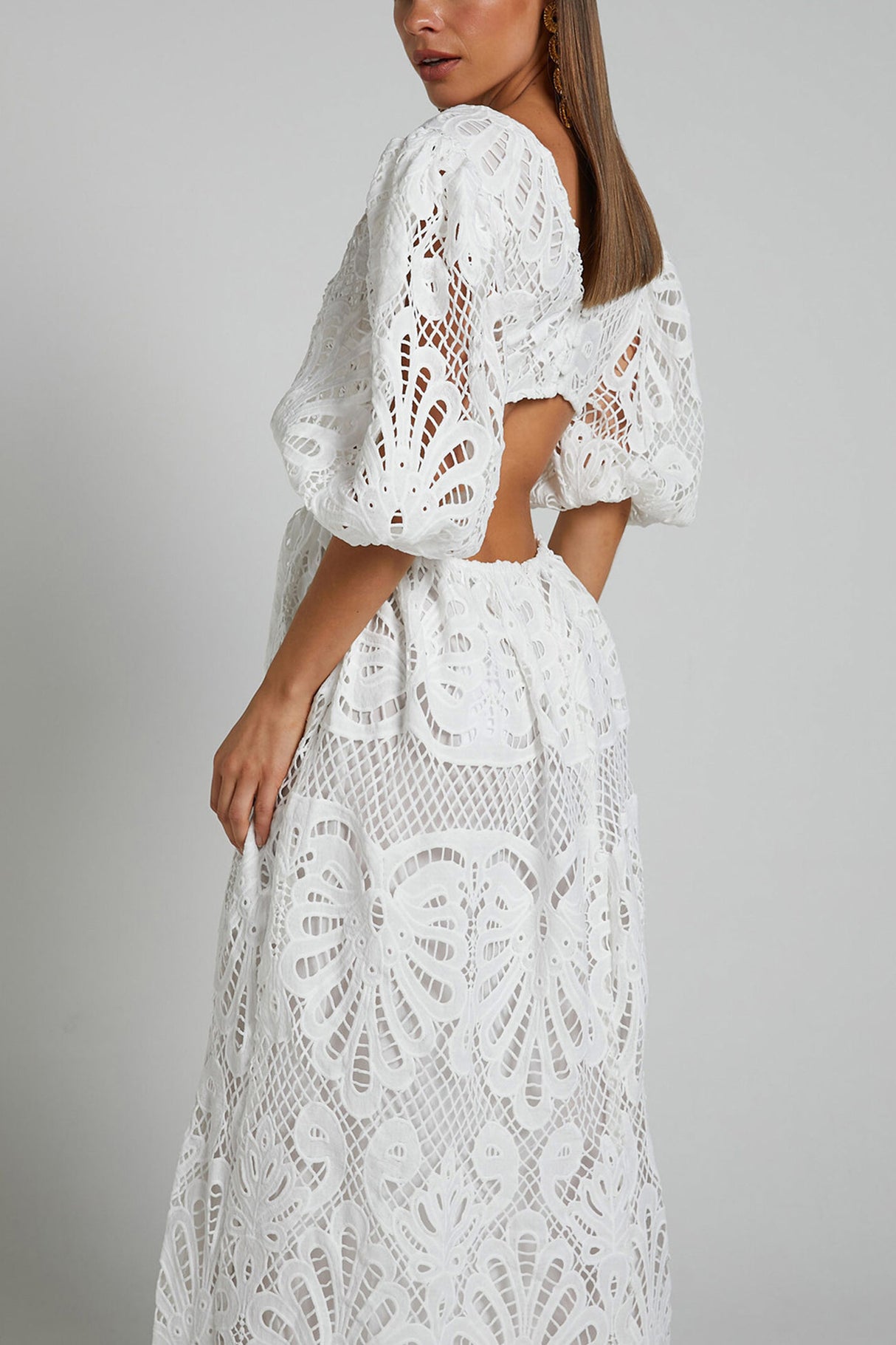 Arolora V-neck Lace Embroidery Hollow Waist Dress